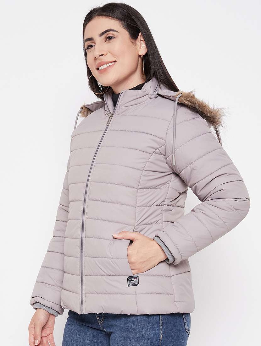 women solid grey fur hooded parka jacket - 20542126 -  Standard Image - 1
