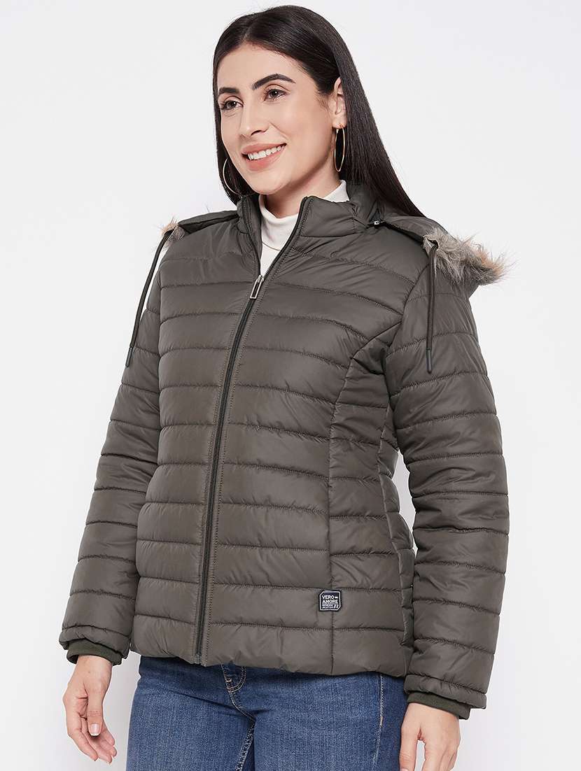 women solid fur hooded parka jacket - 20542128 -  Standard Image - 1