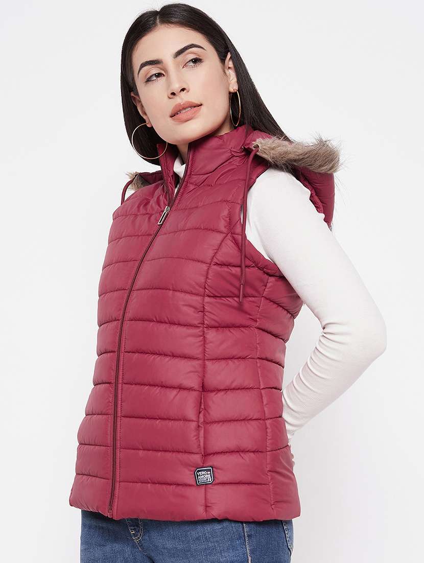 women solid fur hooded sleeveless parka jacket - 20542131 -  Standard Image - 1