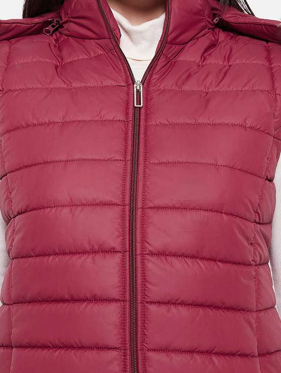 women solid fur hooded sleeveless parka jacket - 20542131 -  Standard Image - 4