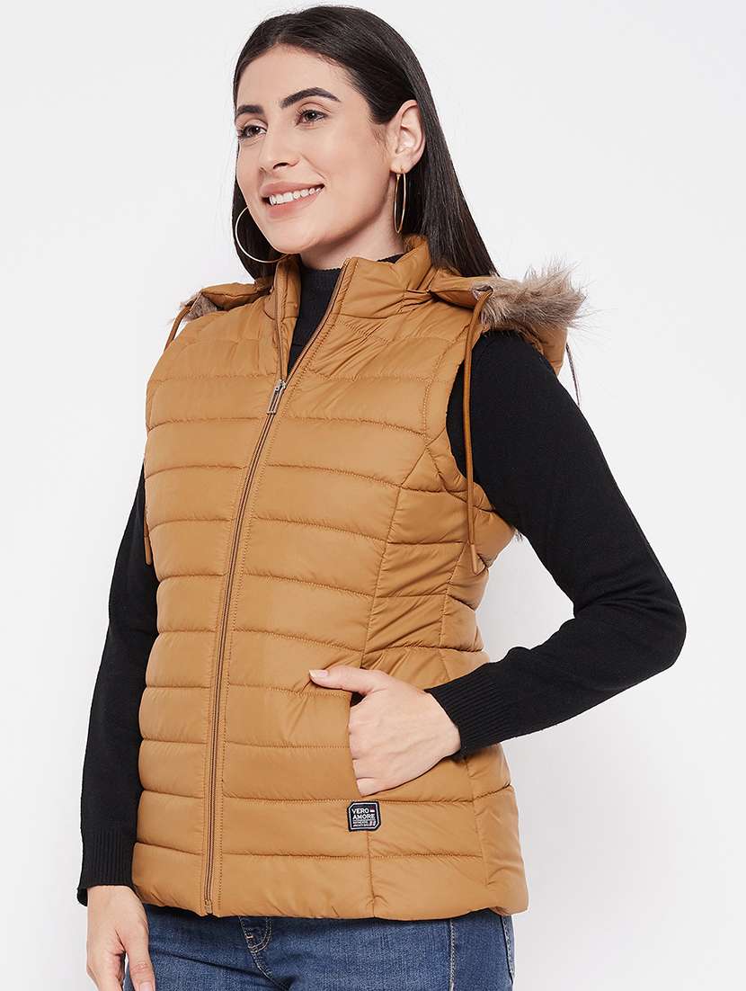 women solid fur hooded sleeveless parka jacket - 20542132 -  Standard Image - 1