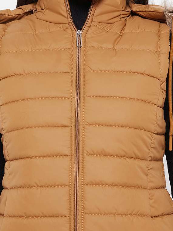 women solid fur hooded sleeveless parka jacket - 20542132 -  Standard Image - 4