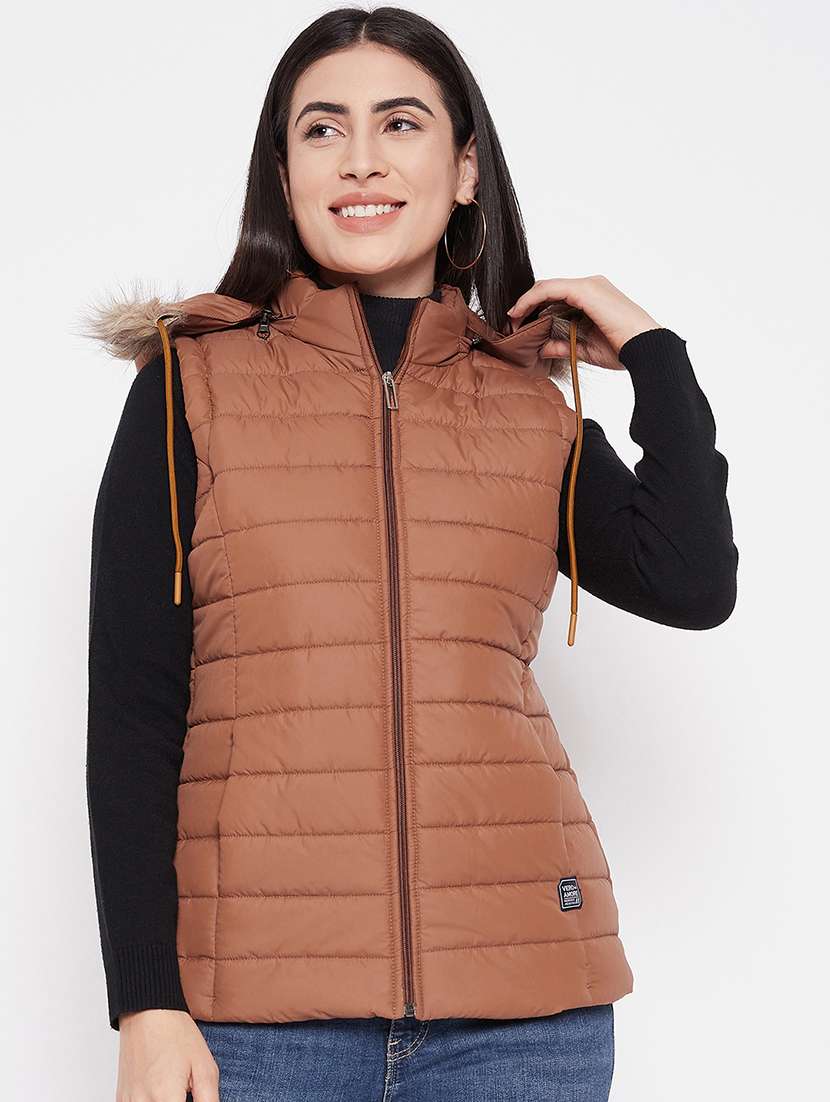 women solid fur hooded sleeveless parka jacket