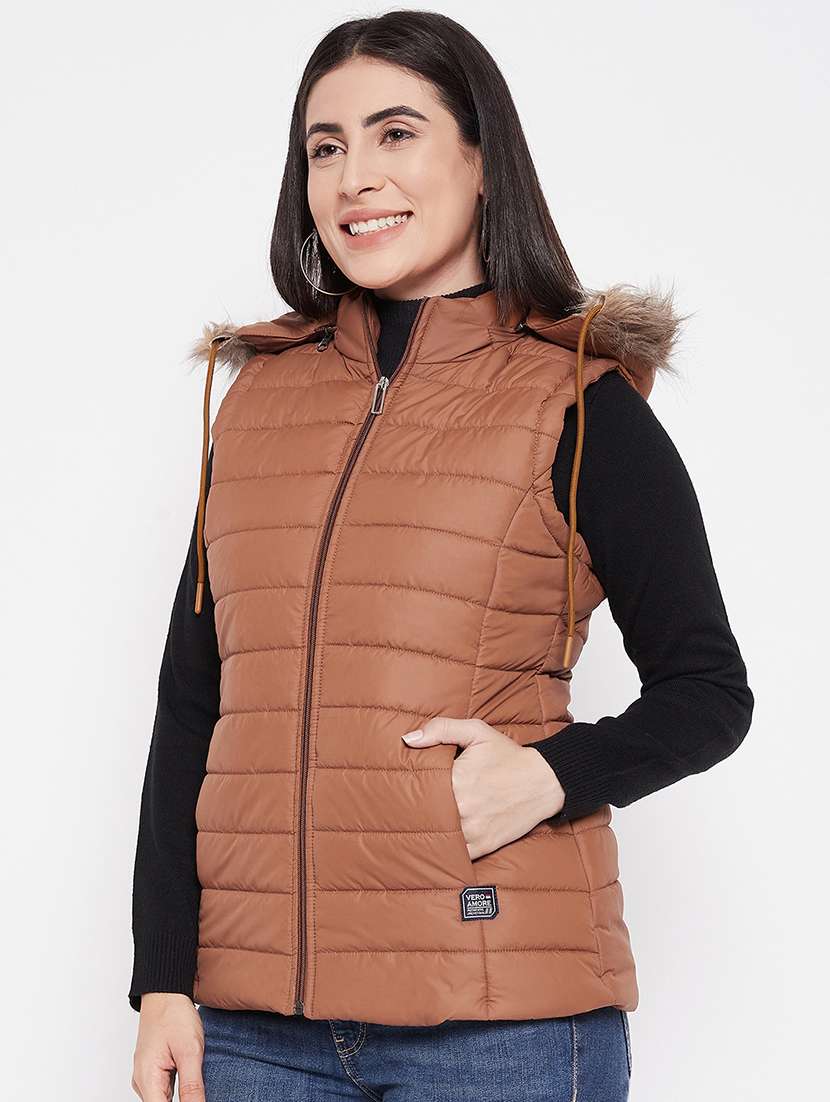 women solid fur hooded sleeveless parka jacket - 20542134 -  Standard Image - 1