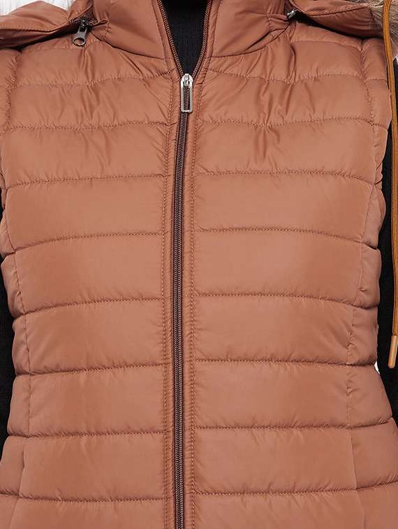 women solid fur hooded sleeveless parka jacket - 20542134 -  Standard Image - 4