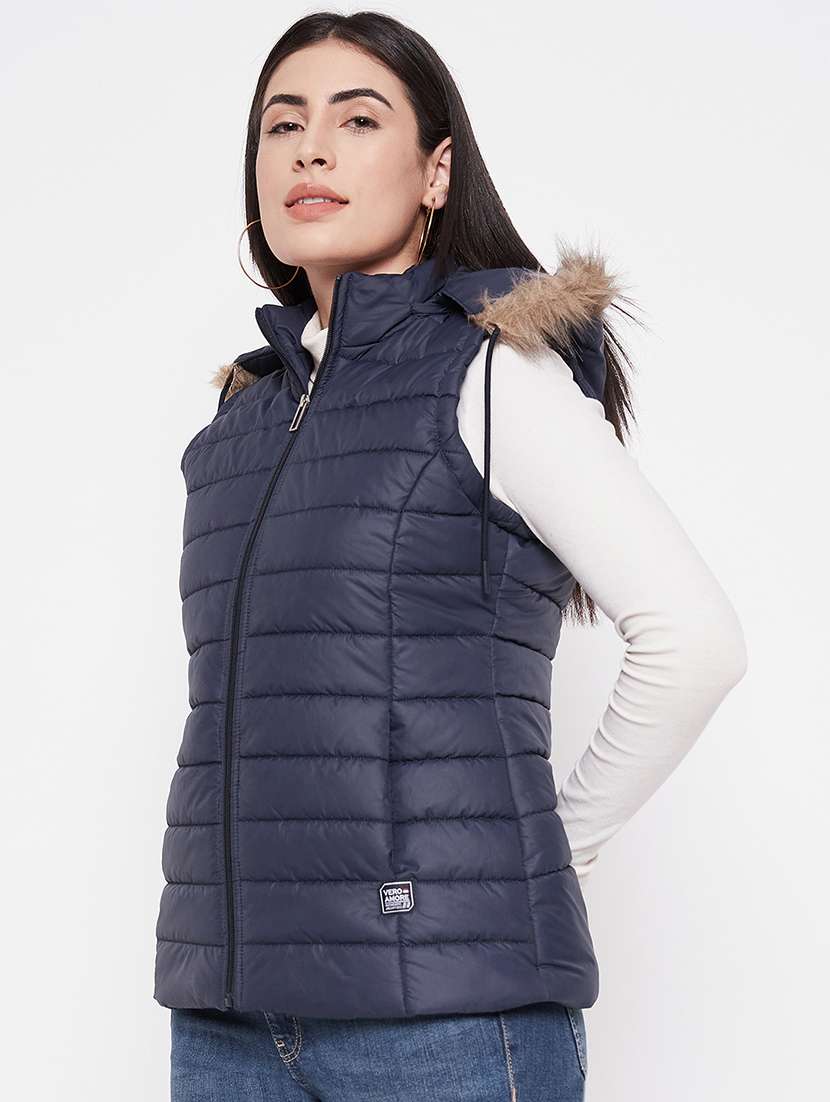women solid fur hooded sleeveless parka jacket - 20542135 -  Standard Image - 1