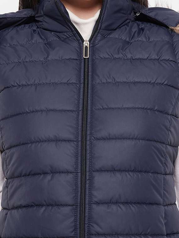 women solid fur hooded sleeveless parka jacket - 20542135 -  Standard Image - 4