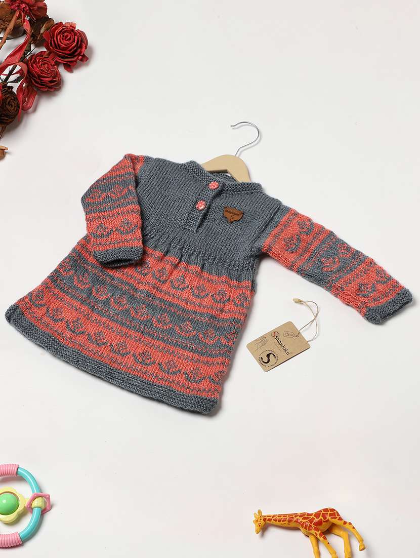 girls self design orange & grey woollen frock