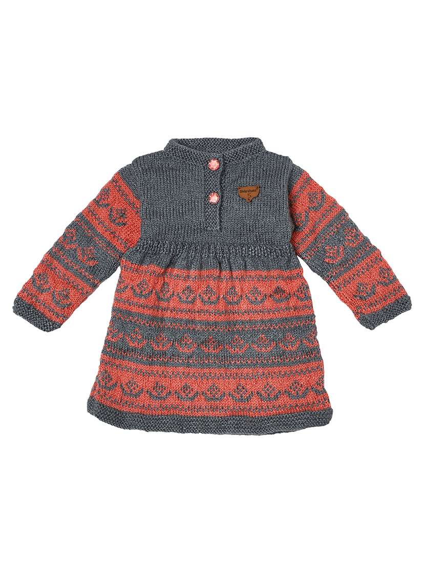 girls self design orange & grey woollen frock - 20542136 -  Standard Image - 1