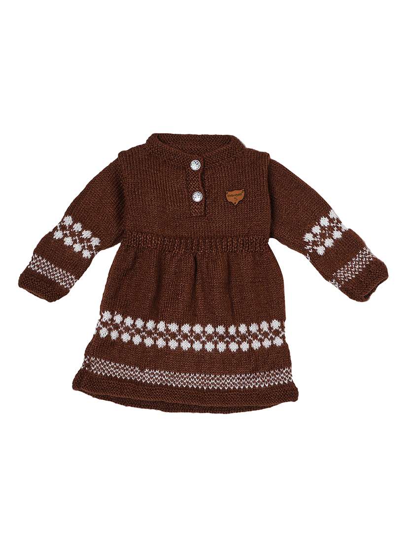 girls brown self design woollen frock - 20542137 -  Standard Image - 1