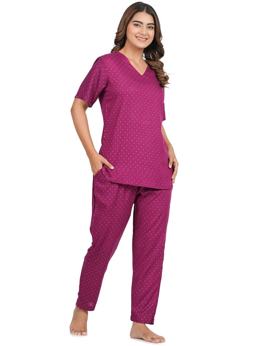 purple rayon full nightwear set - 20542233 - Standard Image - 1