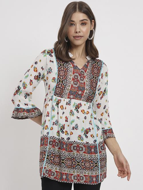 white printed v-neck three-quarter sleeves ethnic kurti - 20542238 -  Standard Image - 0