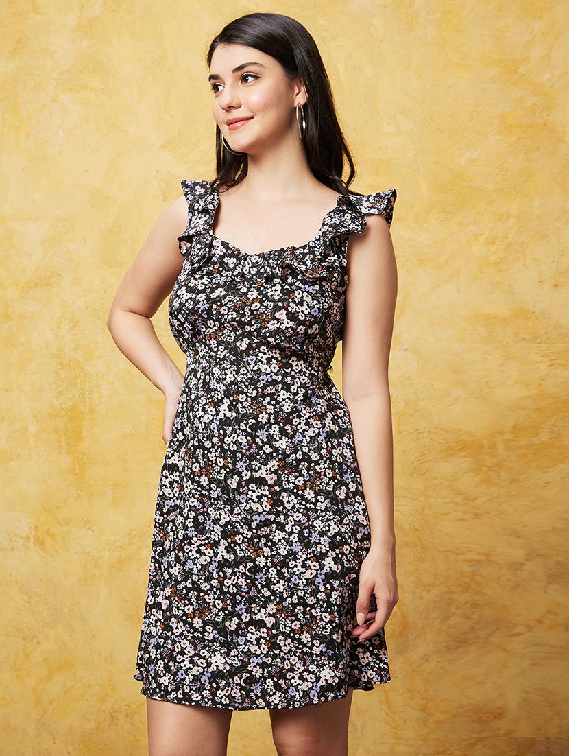 black floral printed a-line dress - 20544762 -  Standard Image - 1