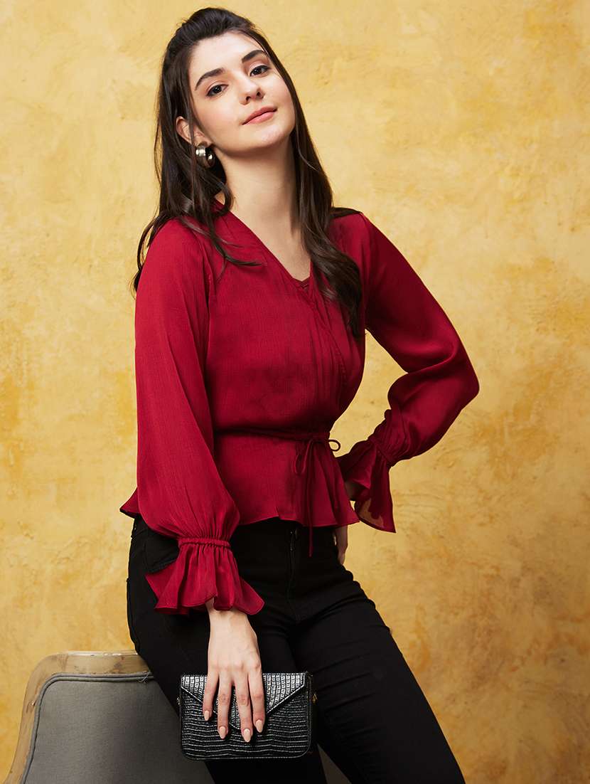 globus women red wrap neck bishop sleeves gathered waist tie-up party top - 20544770 -  Standard Image - 1