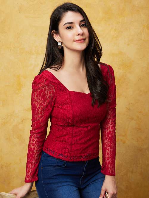 globus women red sweetheart neck puff sleeves back smocked detail panelled lace party top - 20544772 -  Standard Image - 0
