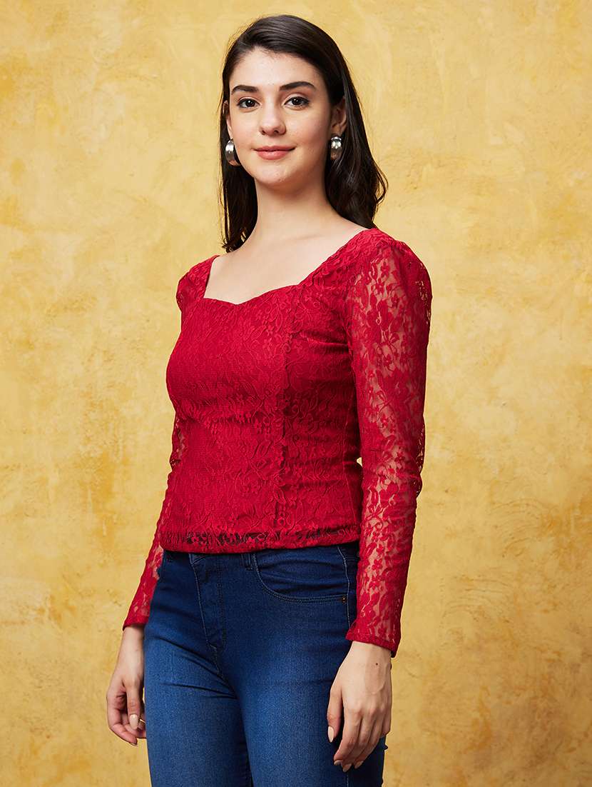 globus women red sweetheart neck puff sleeves back smocked detail panelled lace party top - 20544772 -  Standard Image - 1