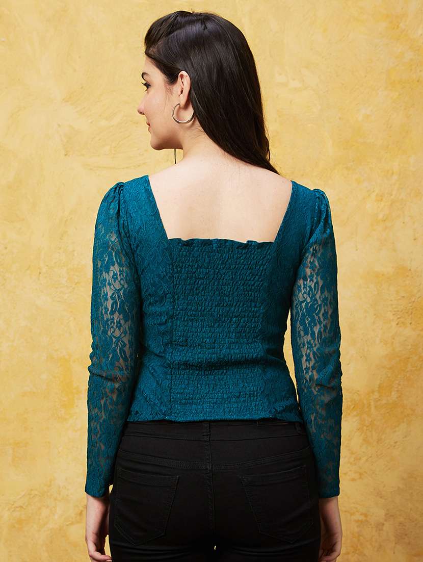globus women teal sweetheart neck puff sleeves back smocked detail panelled lace party top - 20544773 -  Standard Image - 1