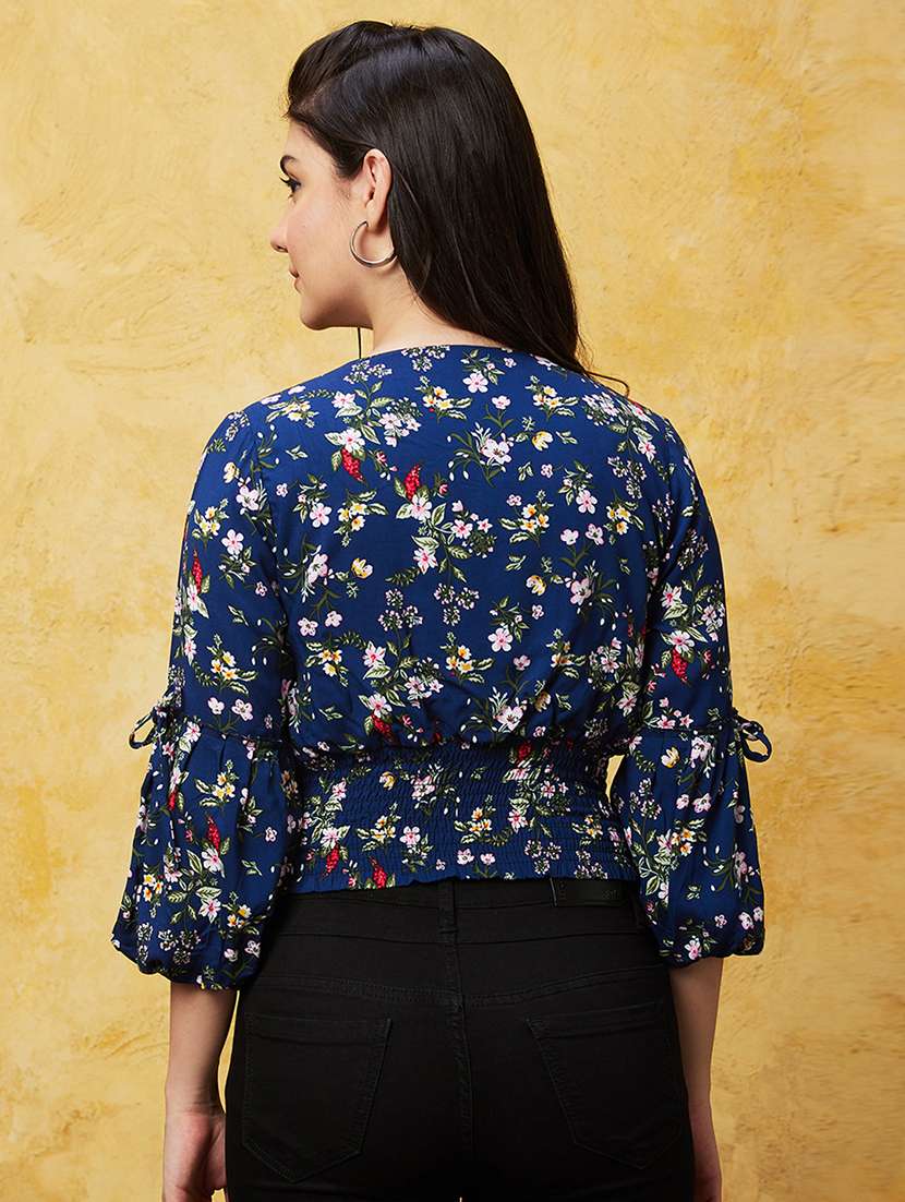 navy blue floral printed regular top - 20544774 -  Standard Image - 1