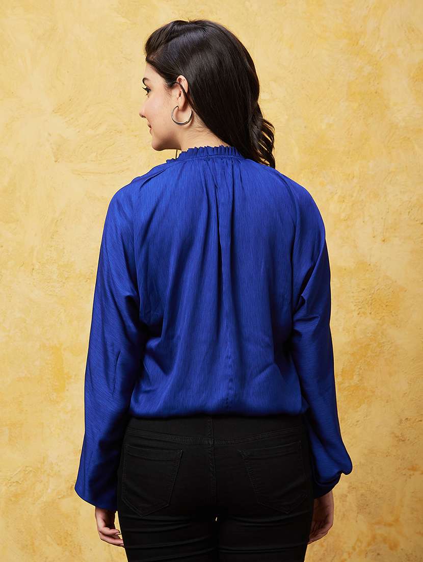 globus women blue frilled mandarin neck bishop sleeves ruched party top - 20544782 -  Standard Image - 1