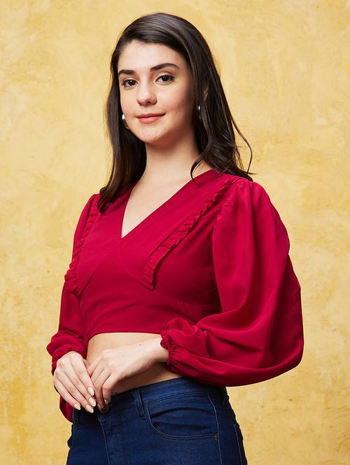 women maroon polyester crop top - 20544783 - Standard Image - 0