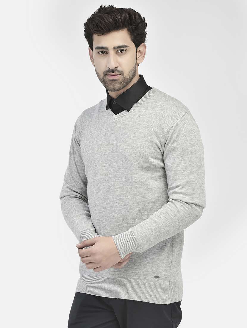 men solid grey v-neck pullover - 20546959 - Standard Image - 1