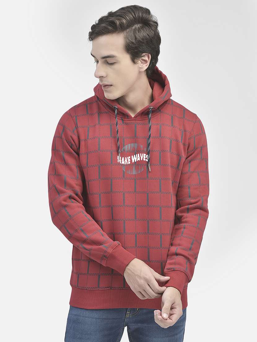 men printed red cotton blend hooded sweatshirt