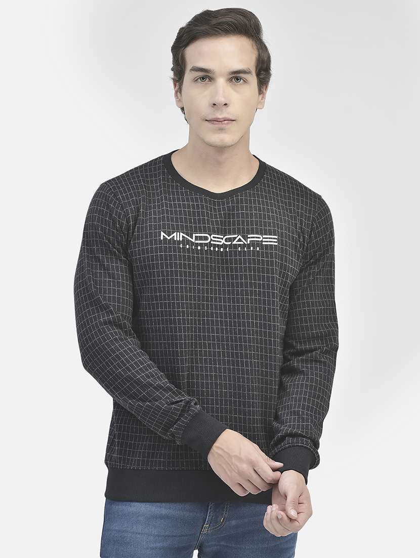 men checkered charcoal cotton blend sweatshirt