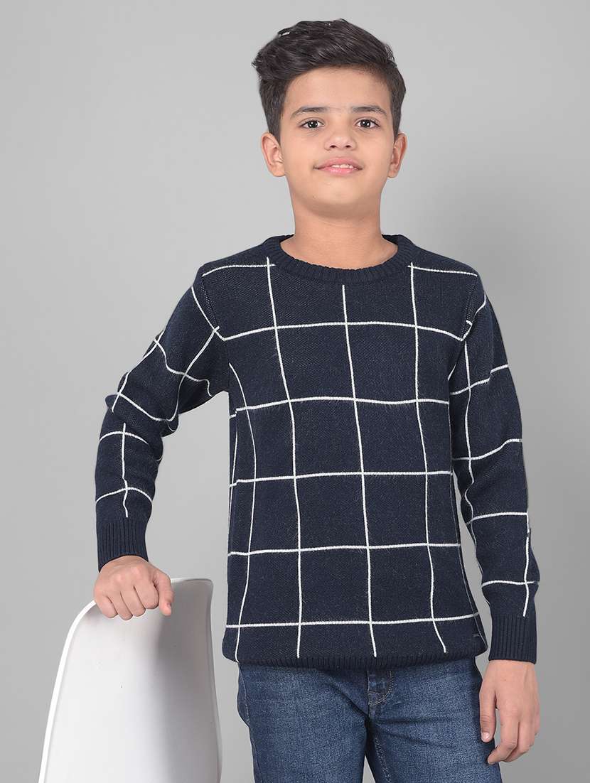 boys navy blue round neck checked sweater