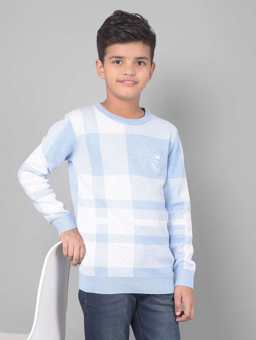 boys blue round neck checked sweater