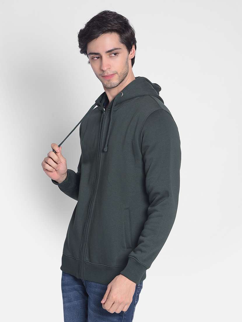 men solid green cotton blend hooded sweatshirt