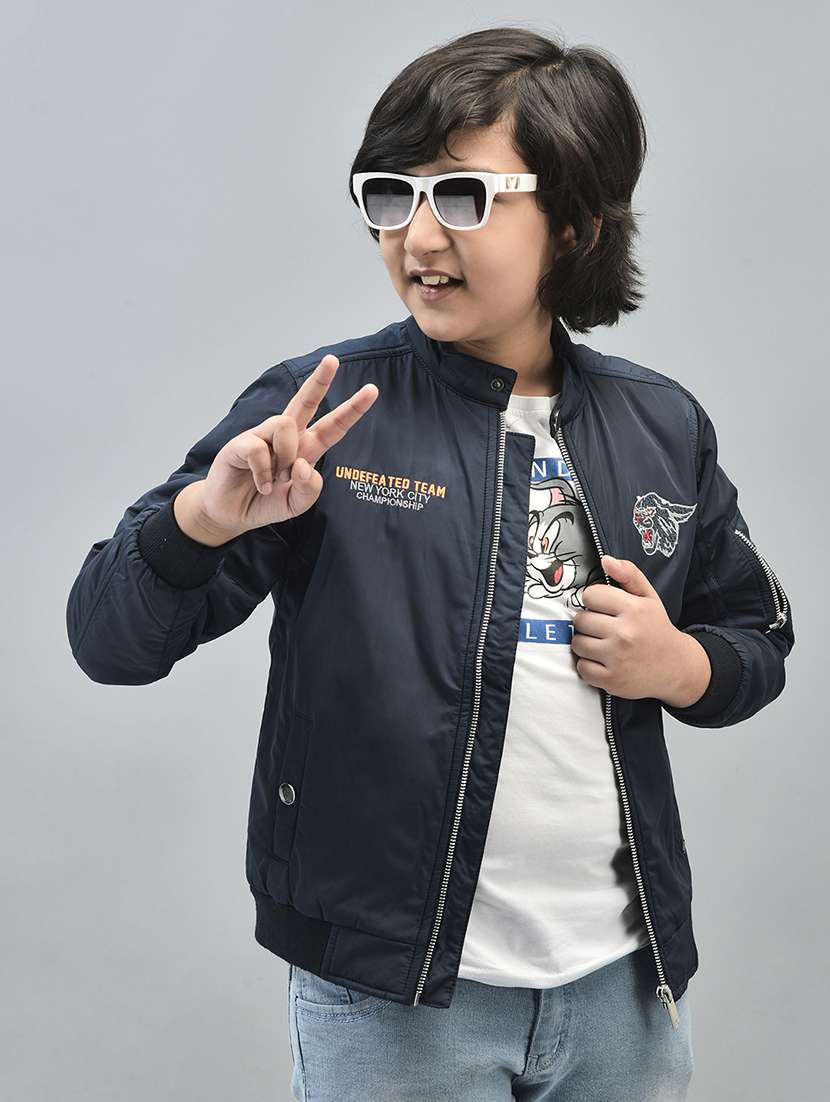 boys navy blue typographic full sleeve bomber jacket - 20547186 -  Standard Image - 1