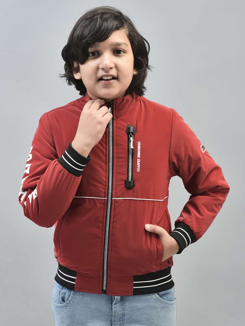 boys red typographic regular bomber jacket