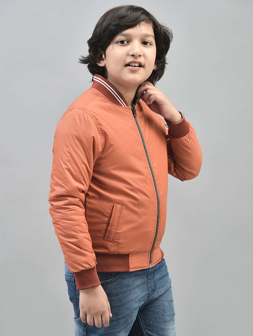 boys orange solid full sleeve bomber jacket - 20547191 -  Standard Image - 1
