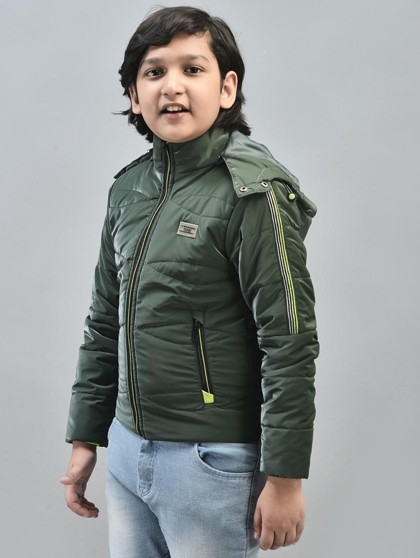 boys green solid full sleeve hooded puffer jacket - 20547195 - Standard Image - 1