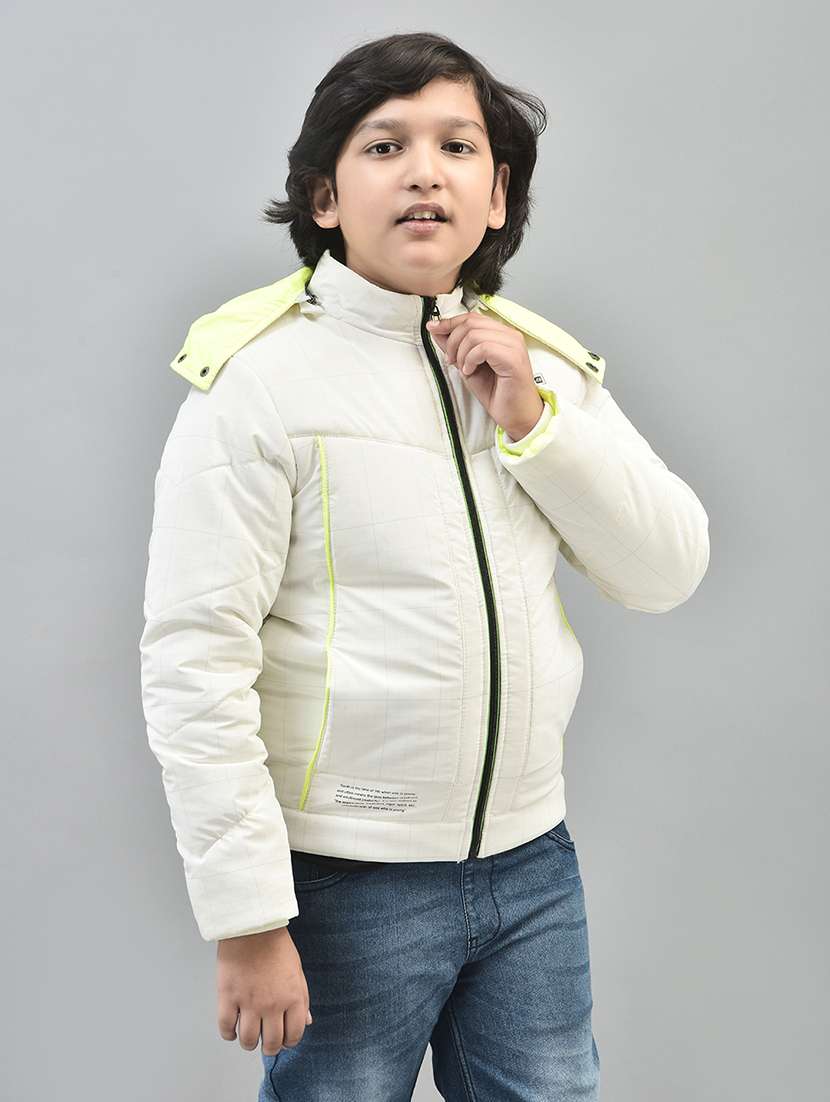 boys yellow check printed full sleeve hooded puffer jacket - 20547196 - Standard Image - 1