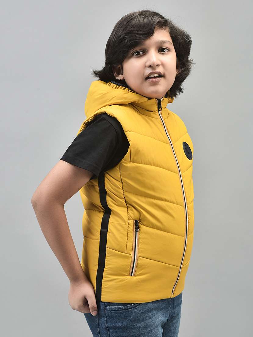 boys mustard solid sleeveless hooded quilted jacket - 20547197 -  Standard Image - 1