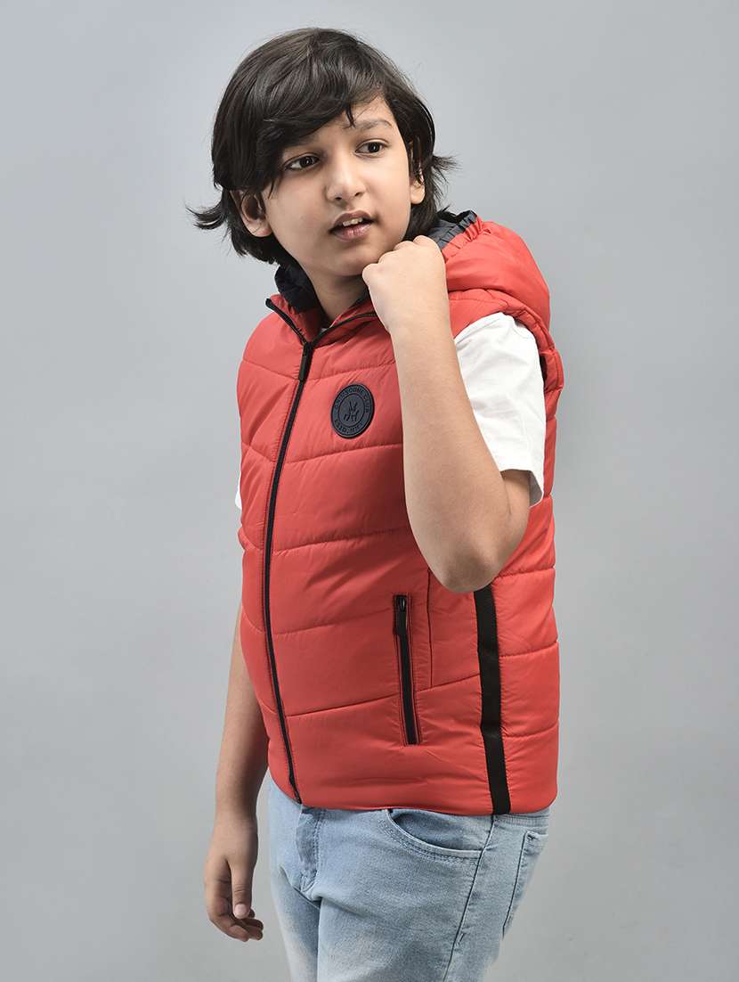 boys red solid sleeveless hooded quilted jacket - 20547198 -  Standard Image - 1