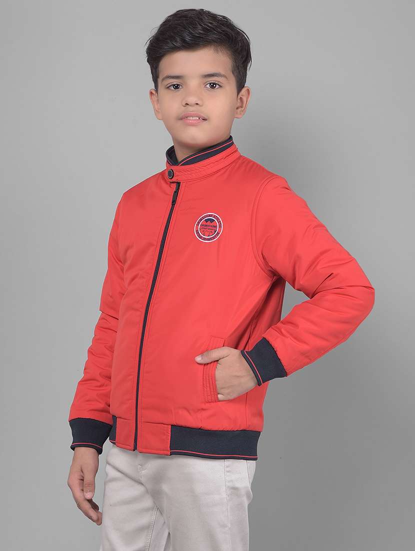 boys red solid full sleeve bomber jacket - 20547203 -  Standard Image - 1