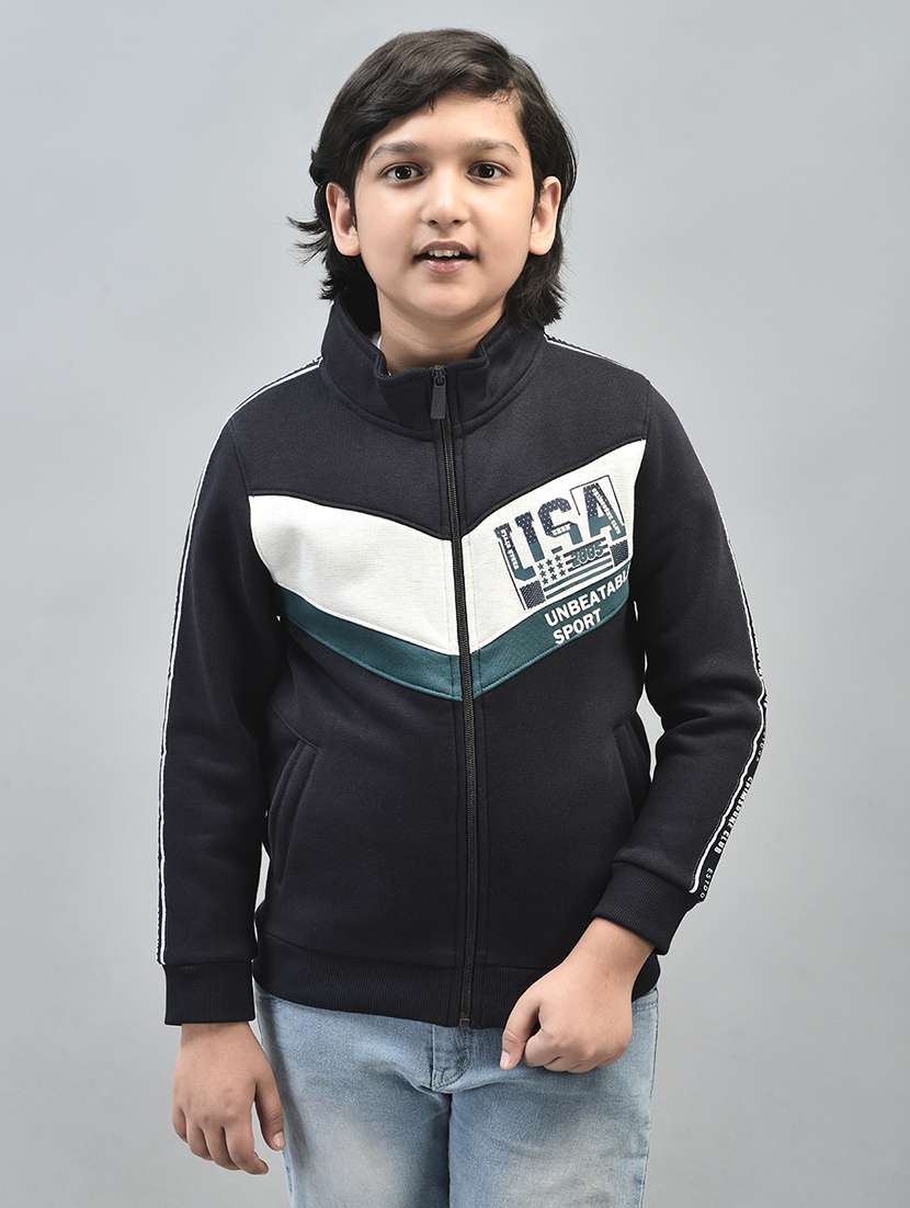 boys navy blue typographic full sleeve bomber jacket