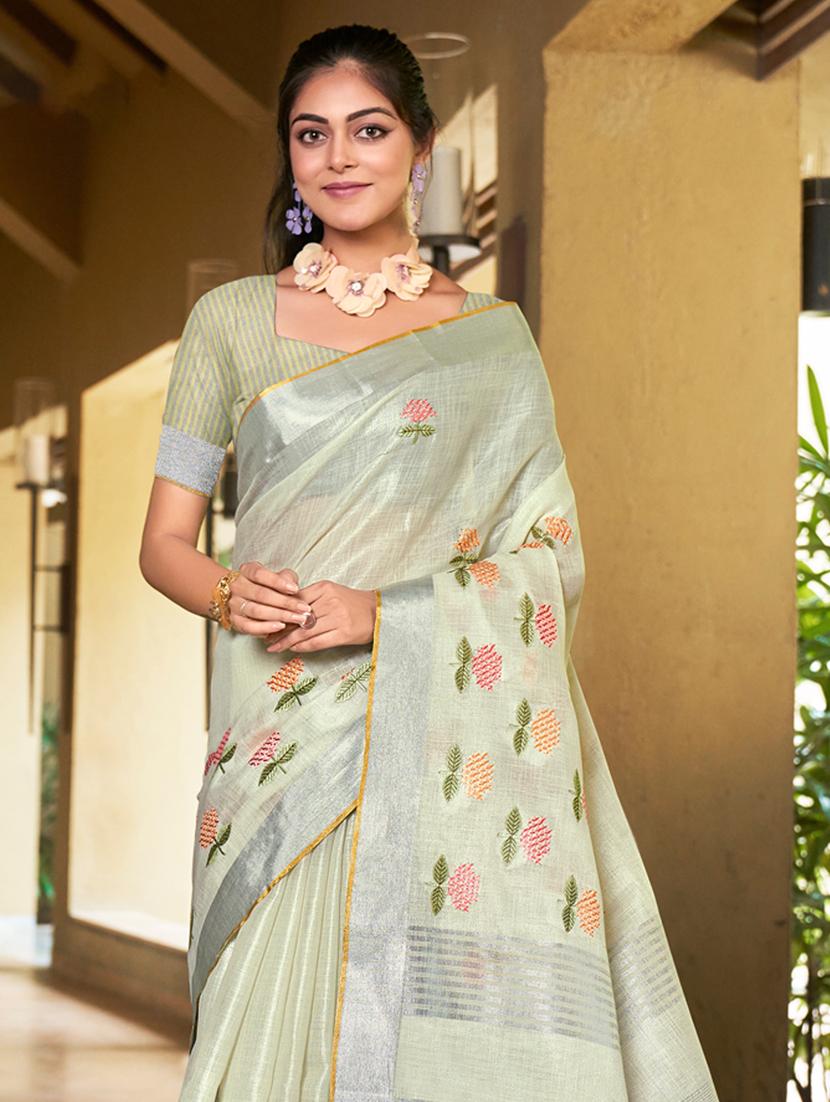 women's solid with work cream colored saree with blouse - 20547527 - Standard Image - 1