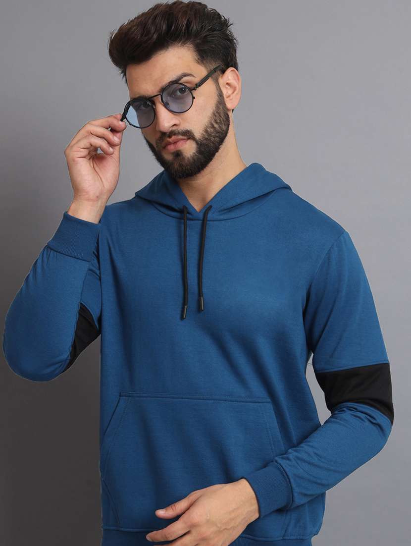 men color block blue fleece hooded sweatshirt - 20550233 -  Standard Image - 1