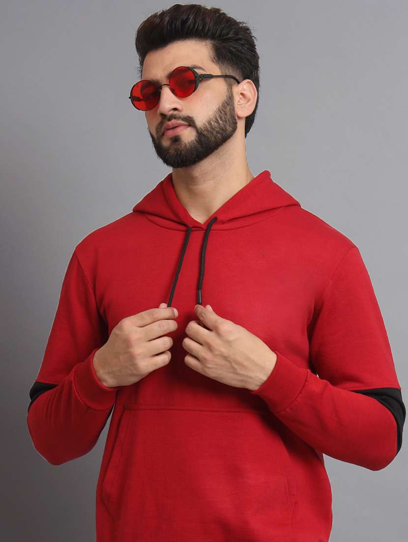 men color block red fleece hooded sweatshirt - 20550235 -  Standard Image - 1