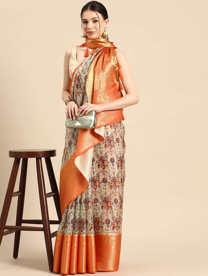 women's printed cream colored saree - 20550318 -  Standard Image - 1