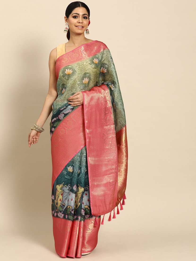 women's bordered royal blue colored saree with blouse