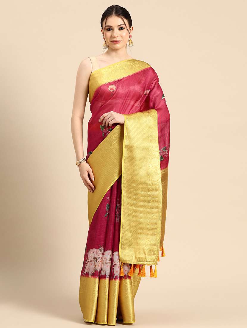 women's bordered royal blue colored saree with blouse