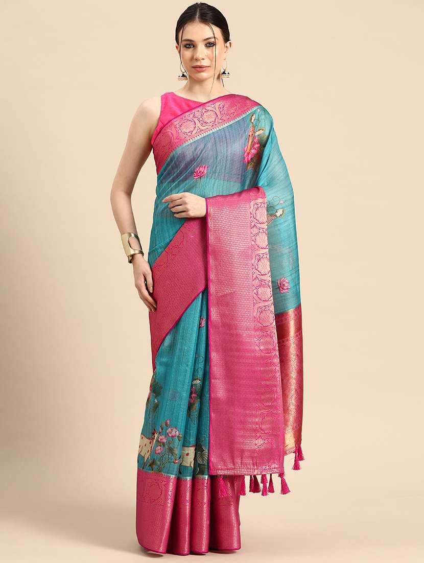 women's bordered royal blue colored saree with blouse