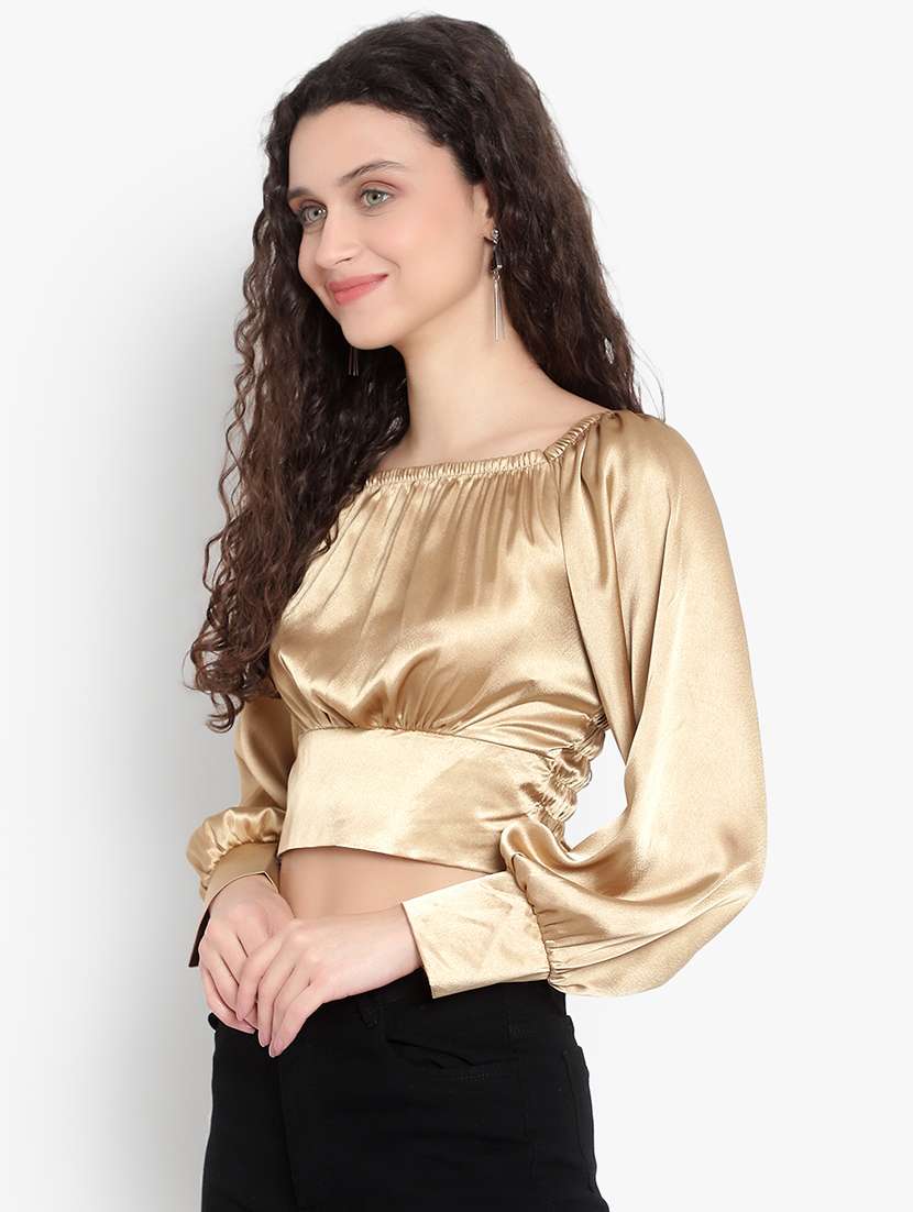 women solid smocked detailed crop top - 20550746 -  Standard Image - 1
