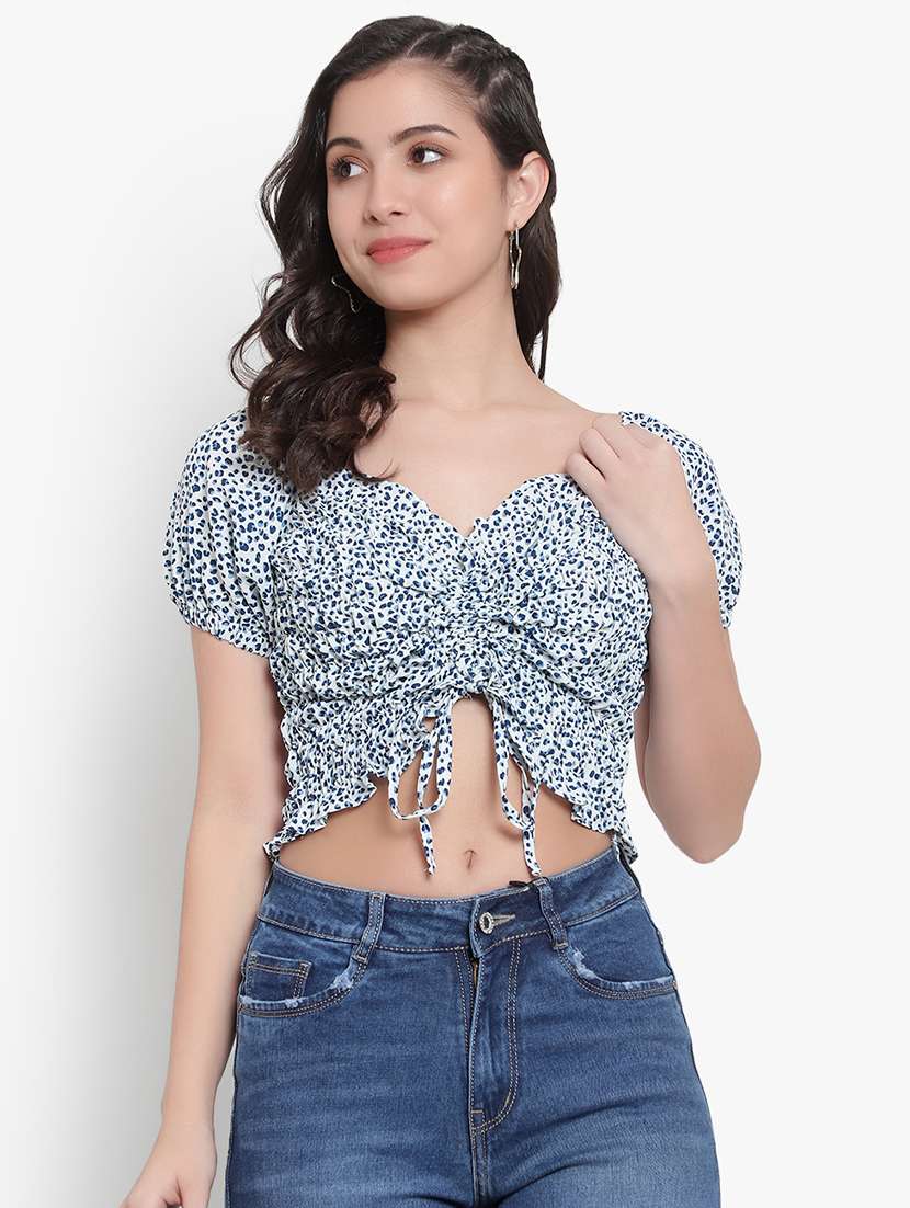 women printed smocked crop top