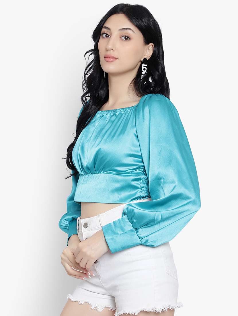 women solid smocked detailed crop top - 20550782 - Standard Image - 1