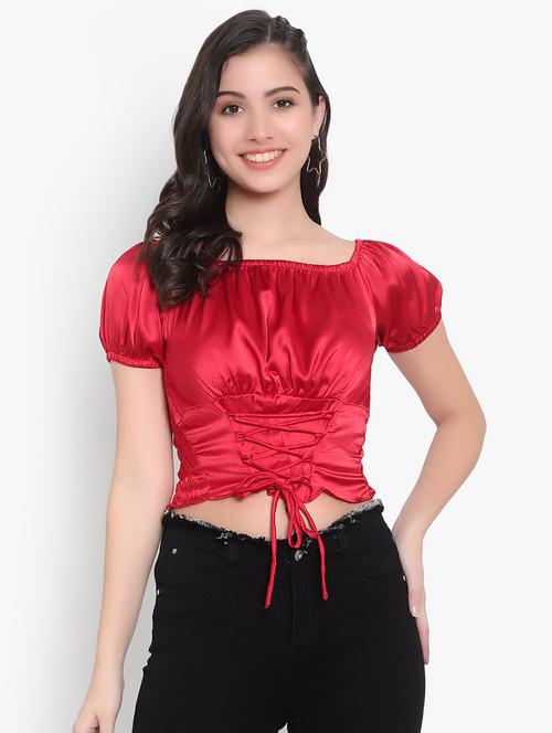 women solid smocked detailed crop top - 20550826 -  Standard Image - 0